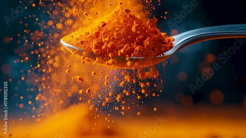 Spice Burst: Capturing the vivid energy of a spice explosion, a spoon brimming with turmeric powder is poised against a dynamic background, inviting the viewer into a realm of culinary exploration.