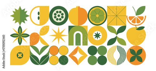 Geometric Abstract Pattern Featuring Fruits and Nature Inspired Shapes In Yellow Green And Orange Keywords: abstract, geometric, pattern, fruit