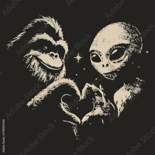 Close-up of a smiling gorilla and a grey alien forming a heart shape with their hands, symbolizing an extraordinary friendship and connection, in a distressed, monochromatic illustration style.