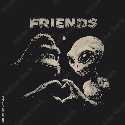 Close-up of a smiling gorilla and a grey alien forming a heart shape with their hands, symbolizing an extraordinary friendship and connection, in a distressed, monochromatic illustration style.