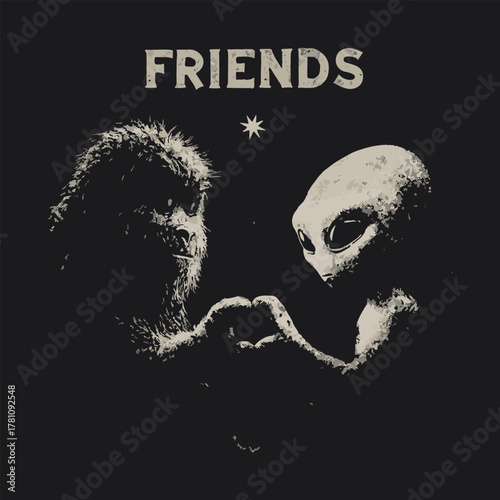 Close-up of a smiling gorilla and a grey alien forming a heart shape with their hands, symbolizing an extraordinary friendship and connection, in a distressed, monochromatic illustration style.
