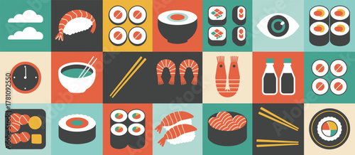Japanese Sushi Food Icons And Elements In A Colorful Grid Pattern Keywords: sushi, japanese food, icons, elements, grid, pattern, colorful, shrimp