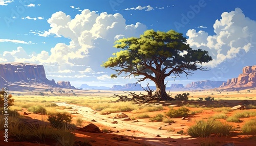 A vibrant, sunny landscape depicting a sprawling savanna with a majestic tree at center. Distant mesas line the horizon under a bright, cloud-filled sky