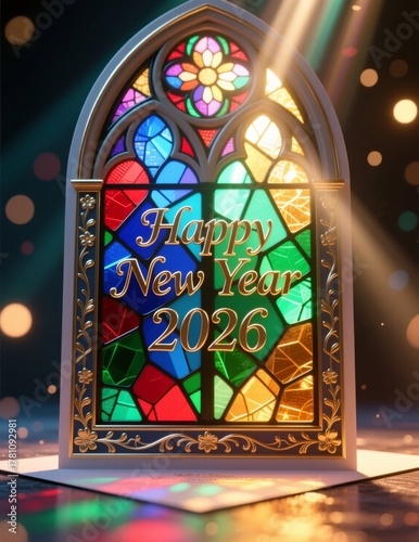 Colorful light streams through the old, religious stained glass windows of a Gothic church's interior, illuminating the holy art and architecture