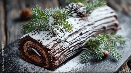 Yule Log Cake With Powdered Sugar Pine