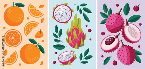 Vibrant flat design illustrations of tropical fruits and leaves orange dragon fruit