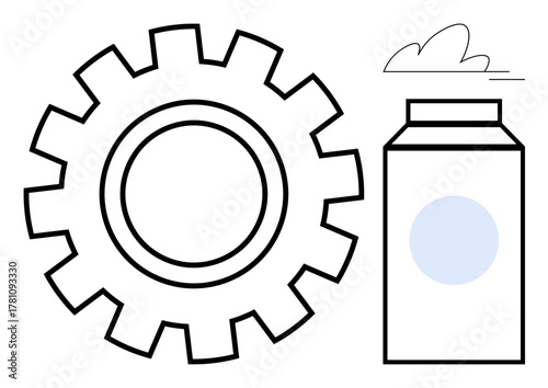 Gearwheel and milk carton outline highlight connection between production and food packaging. Ideal for industry, production, sustainability, food economy, efficiency, simplicity, flat metaphor