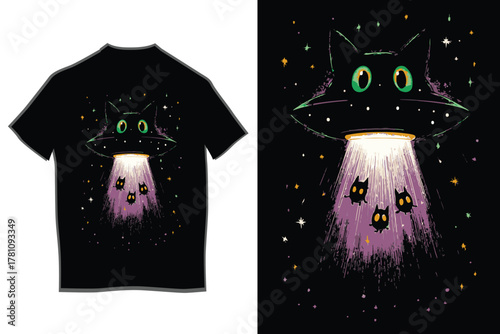 Black cat alien spaceship with big green eyes abducting three small cute cat heads using a bright white tractor beam in the starry night sky