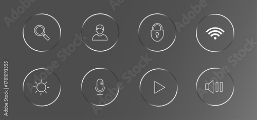 Smartphone glass button UI icons for dark theme. Circle frame banner with glow stroke. Control center widget for smartphone and web app, vector illustration.