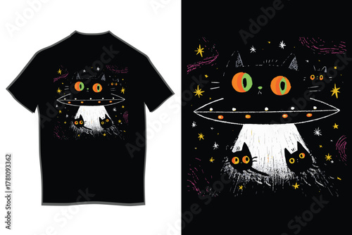 Black cat alien spaceship with big green eyes abducting three small cute cat heads using a bright white tractor beam in the starry night sky