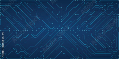 Abstract technological background with symmetrical blue circuit board pathways and nodes on a dark blue gradient, suggesting digital networks and data processing