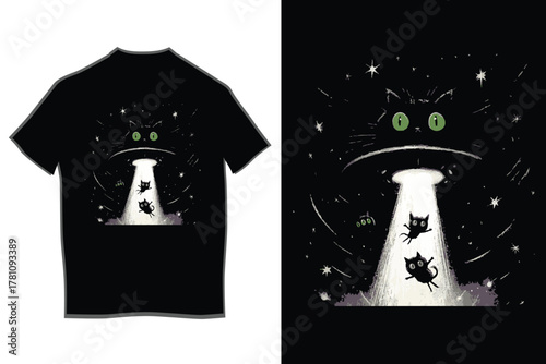 Black cat alien spaceship with big green eyes abducting three small cute cat heads using a bright white tractor beam in the starry night sky