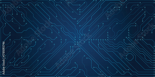 Futuristic electronic circuit board design with bright blue interconnected lines and nodes on a deep navy blue backdrop, symbolizing innovation and connectivity