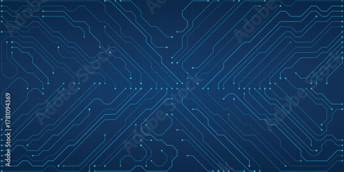 Intricate blue circuit board design with a symmetrical layout and glowing lines on a dark blue gradient, symbolizing digital infrastructure and technological complexity