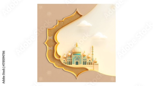 A 3D Islamic background with a stylish, golden-framed composition showcasing a vibrant, intricate mosque