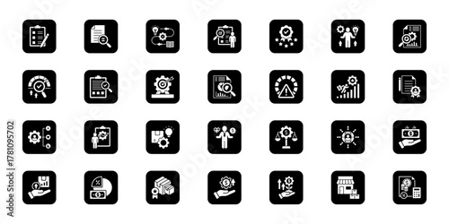 Quality and benchmark system   Cohesive set of minimalist vector icons representing key ideas with visual clarity