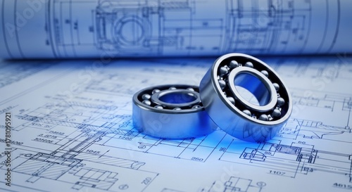 Two metal bearings on a technical drawing with a blueprint in the background.