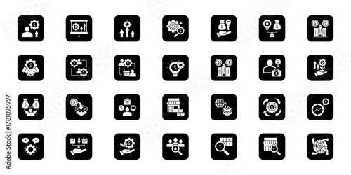 Business startup blueprint Cohesive set of minimalist vector icons representing key ideas with visual clarity