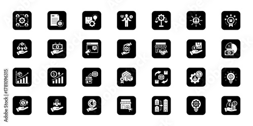 Digital business landscape Cohesive set of minimalist vector icons representing key ideas with visual clarity