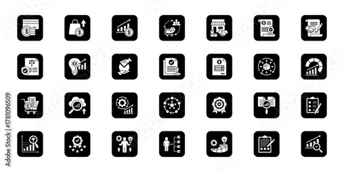Business analytics core   Cohesive set of minimalist vector icons representing key ideas with visual clarity
