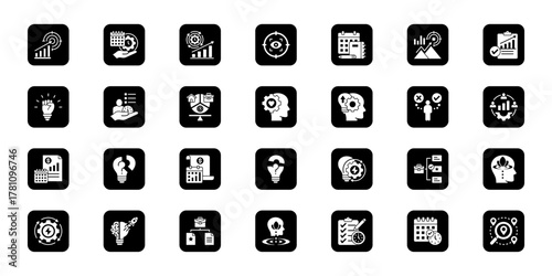 Time efficiency system   Cohesive set of minimalist vector icons representing key ideas with visual clarity