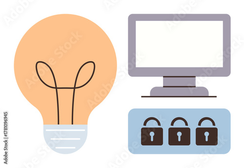 Lightbulb symbolizing ideas next to a computer monitor and three padlocks, representing digital security and innovation. Ideal for cybersecurity, data protection, technology, innovation, idea