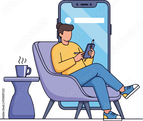 Man Sitting in Chair Holding Device Next to Coffee Table with Large Phone Behind