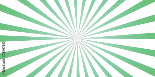 Green sunburst radial burst background with white stripes and a soft gradient center for graphic design and abstract concepts