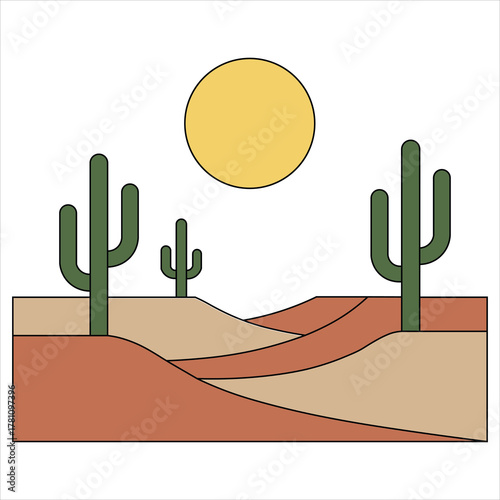 Minimal Desert Landscape Vector, Cactus and Sun Flat Illustration