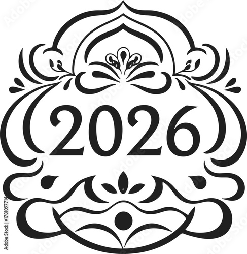 clean 2026 typography surrounded by balanced boho shapes like arches, waves, and organic lines, minimalist aesthetic vector black outline 2