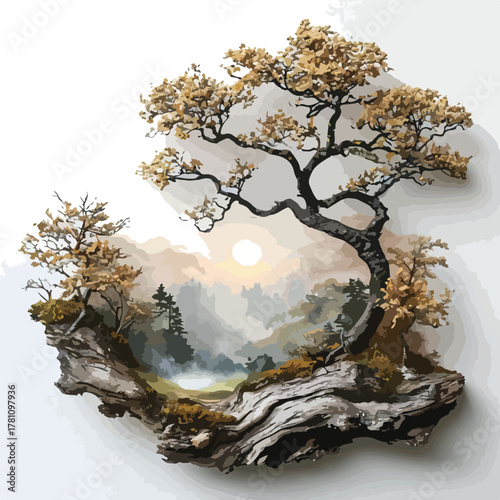 Miniature Spooky Haunted House with Bare Tree Standing on a Cliff at Night with a Full Moon in the Background, Vector Illustration