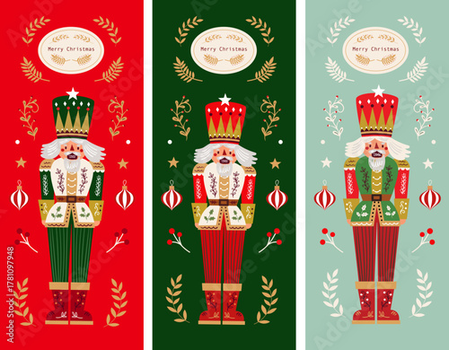 Nutcracker backgrounds. Merry Christmas cover design. Christmas illustration in Scandinavian style