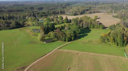 Aerial view of lush green farmland with trees and a pond, showcasing the serene landscape as the camera smoothly pans across the scene, revealing expansive fields and natural beauty