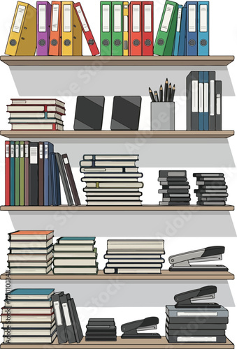 Organized office shelves with various books binders and stationery items.