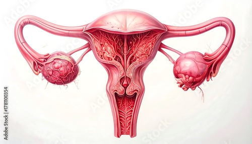 Anatomical illustration of the female reproductive system, showcasing the uterus, fallopian tubes, and ovaries. Detailed structure with color