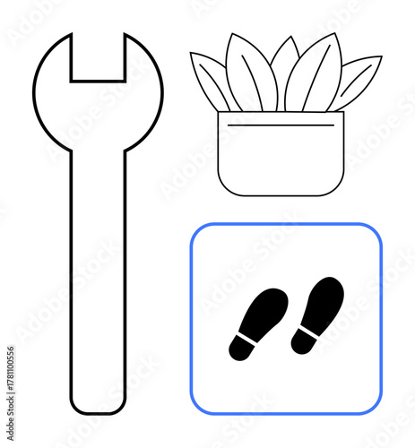 Wrench, potted plant, and footsteps icon together highlight sustainability, maintenance, growth, eco-conscious actions, and physical activity. Ideal for repair, ecology fitness work-life balance