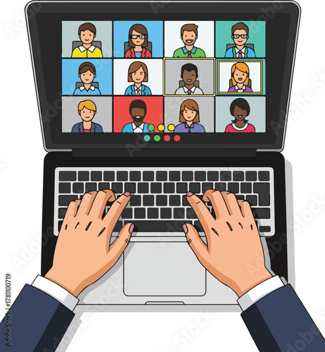 Remote meeting on laptop screen with multiple participants and hands typing on keyboard in modern office setting