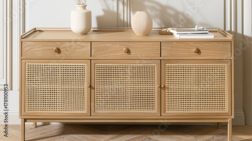 Wooden sideboard with woven rattan door panels and decor, warm tones, natural light