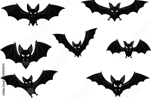 Cartoon bats vector illustration, spooky flying bat characters, Halloween animal clipart, black wings, vampire fangs, nocturnal creature design, isolated white background