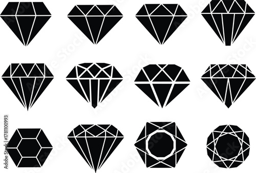 Collection of black diamond shapes vector illustration, minimalist gemstone icons, luxury crystal art, geometric precious stone design, elegant jewelry symbol set