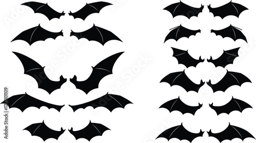 Collection of black flying bat silhouettes in pairs for Halloween design, spooky gothic animal icons, dark horror decoration elements, vector illustration