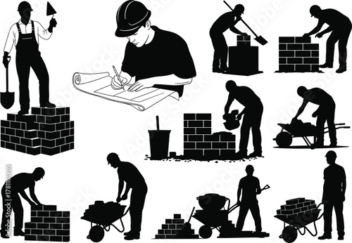 Construction worker silhouette vector illustration with bricklayer, engineer, builder and masonry tools, building site labor concept, architecture and construction design scene