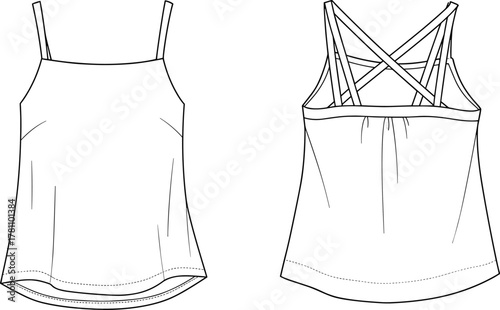 Strappy back camisole top front and back view, sleeveless women’s fashion tank, apparel design flat sketch vector illustration