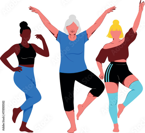 Three women of different ethnicities and ages dancing energetically, celebrating movement and fitness