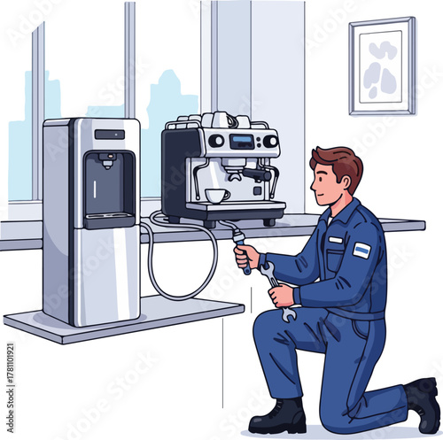 Technician installing a water dispenser and coffee machine in an office setting.
