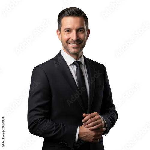 Professional man in a sharp black suit and tie smiling confidently isolated on transparent background