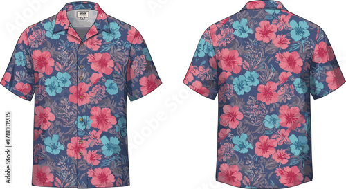 Colorful floral Hawaiian shirt front and back view, tropical summer pattern, short sleeve fashion apparel, modern casual clothing design vector