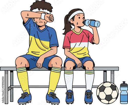 Two young soccer players resting on a bench after a game one wiping sweat and the other drinking water.