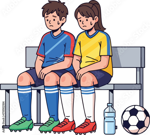 Two young soccer players sitting on a bench looking tired after a game.
