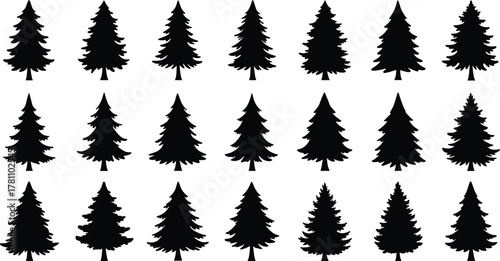 “Set of diverse pine tree silhouettes, vector evergreen forest icons, black conifer shapes for nature designs, winter landscapes, outdoor environmental illustrations, decoration elements”